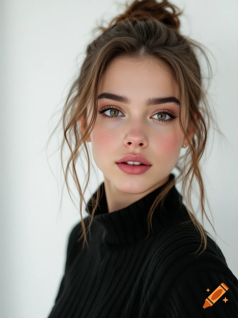 Realistic portrait of a young woman with brown hair and hazel eyes wearing a black turtleneck