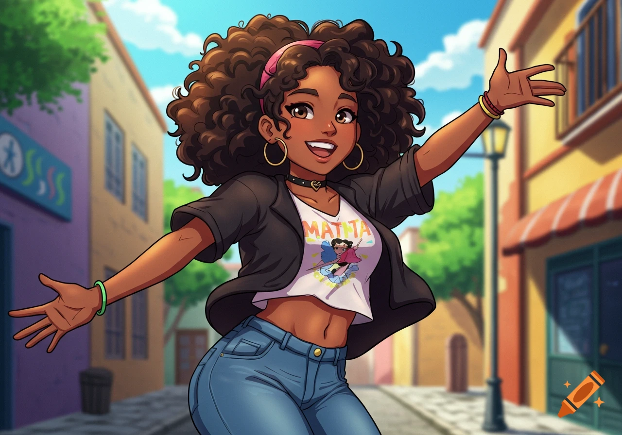 Anime-style Latina woman with curly hair, crop top, and jeans stands on a sunny street with arms open.