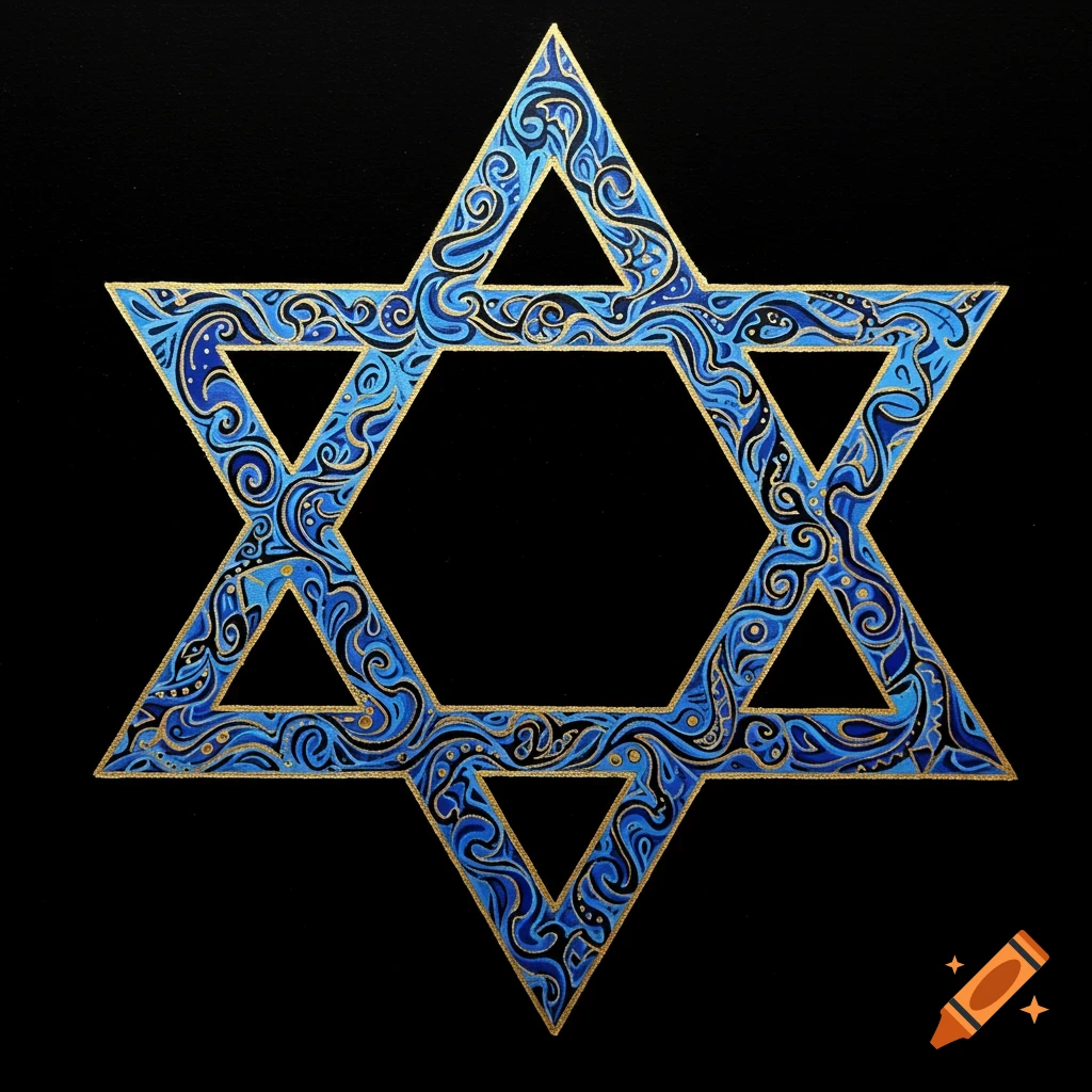 A blue and gold decorative Star of David with intricate patterns on a black background.