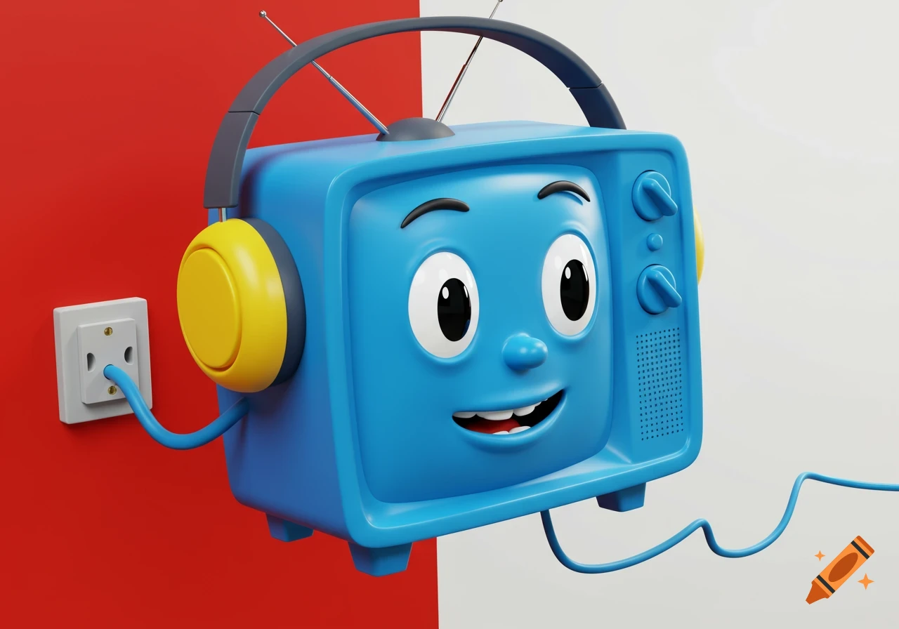 Cartoon blue TV character with headphones plugged into a wall outlet