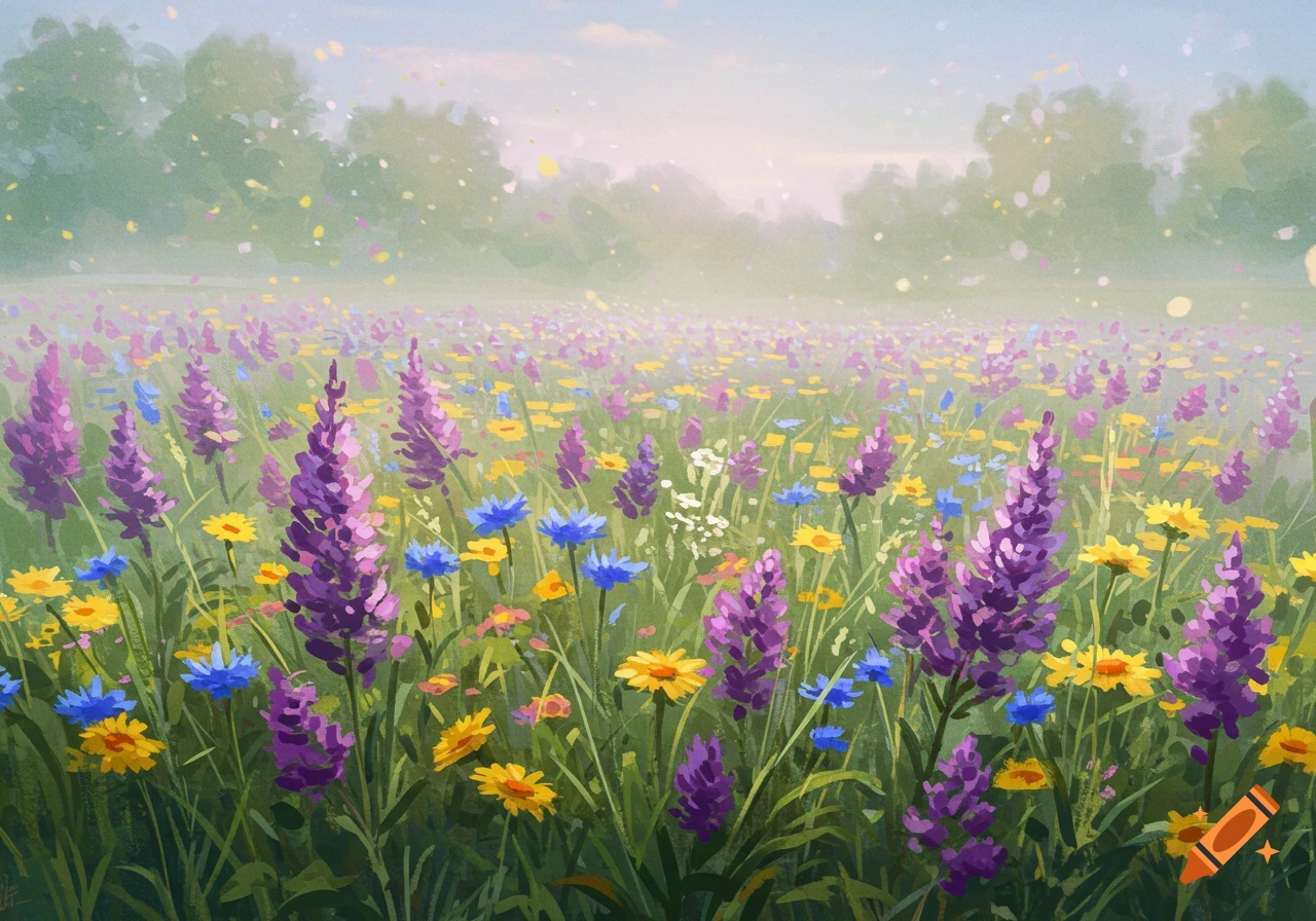 A digital painting of a field full of purple, yellow, and blue wildflowers under a hazy sky.