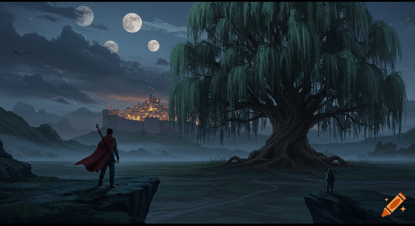 A man stands on a cliff overlooking a walled city next to a giant willow tree under multiple moons at night.