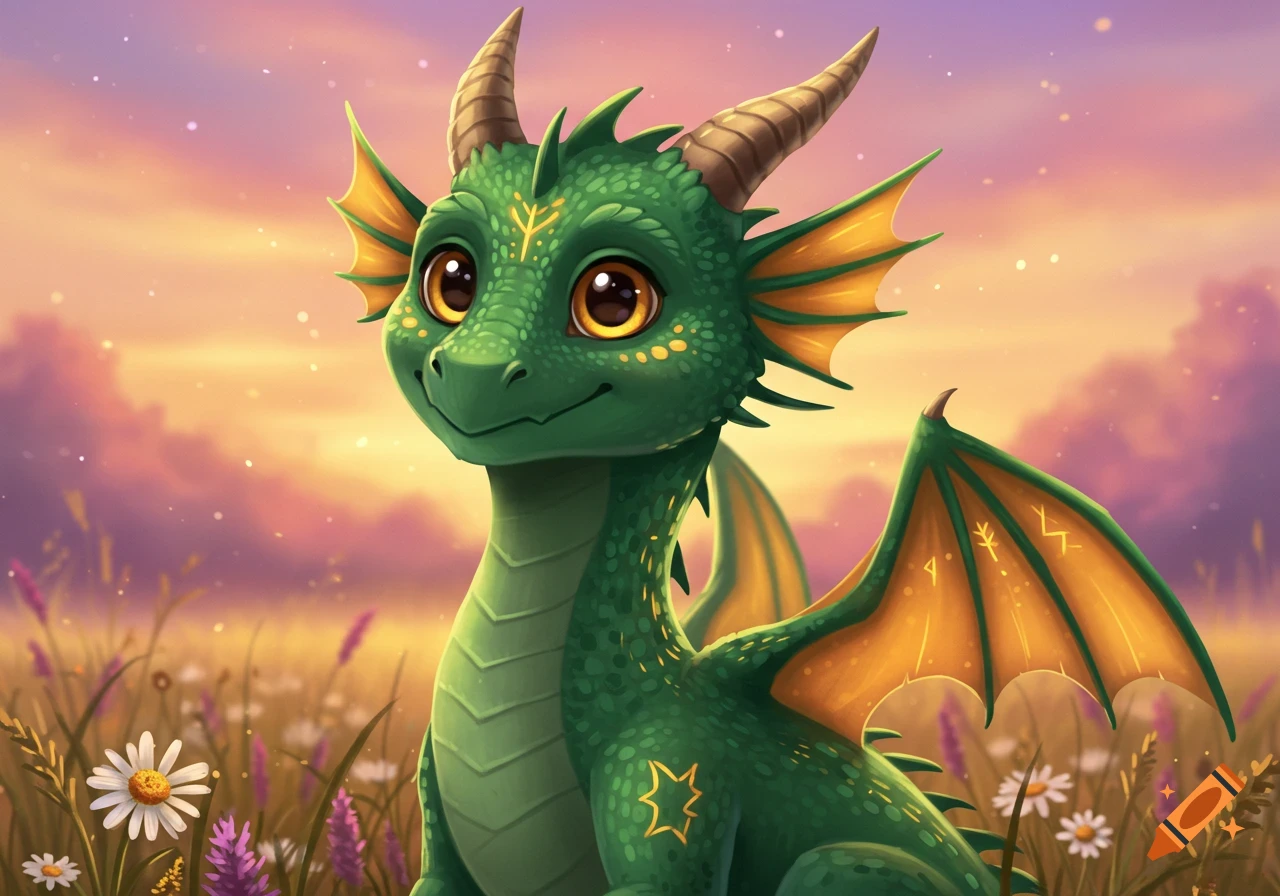 A friendly green dragon with big eyes sits in a grassy field at sunset.