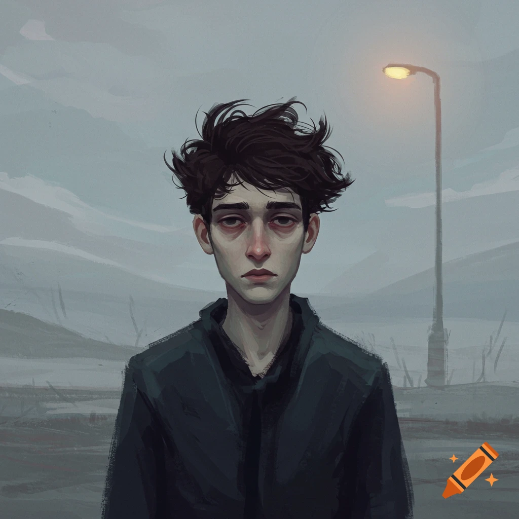 Portrait of a melancholic young man under a streetlamp.