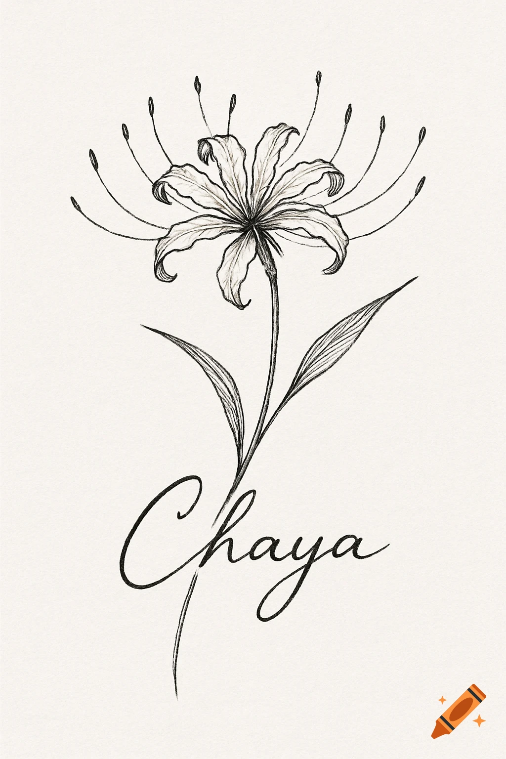 Black sketch of a spider lily flower with the name Chaya written below it.