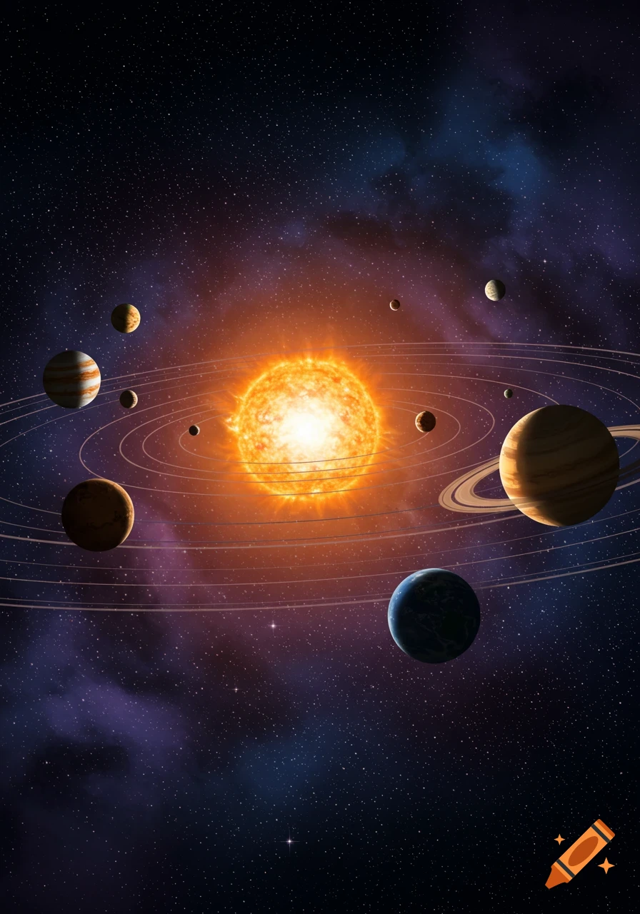 Illustration of a solar system with a bright sun and planets orbiting ...