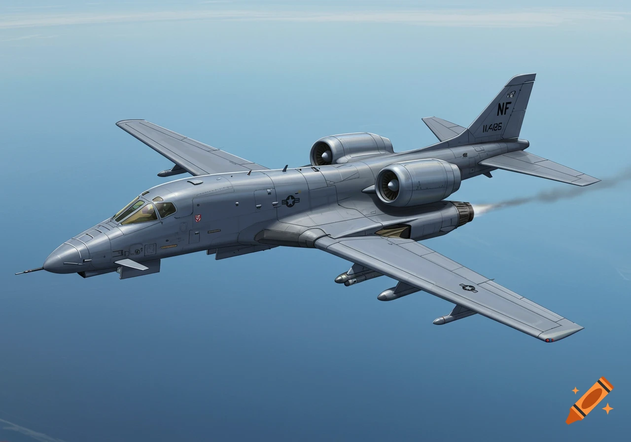 A gray military aircraft, a conceptual mix of a B-1B and A-10, flying against a blue sky.