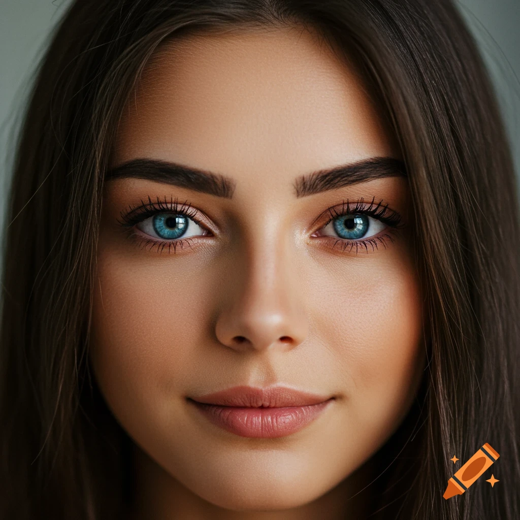 Close-up portrait of a woman with blue eyes and brown hair.