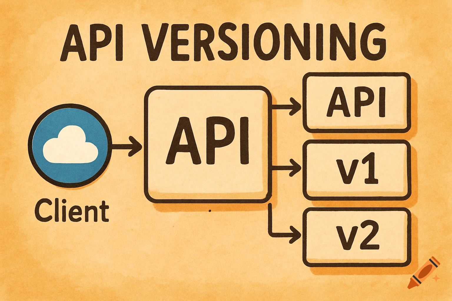 Illustration of API versioning showing a client connecting to an API which routes to different versions (v1, v2).