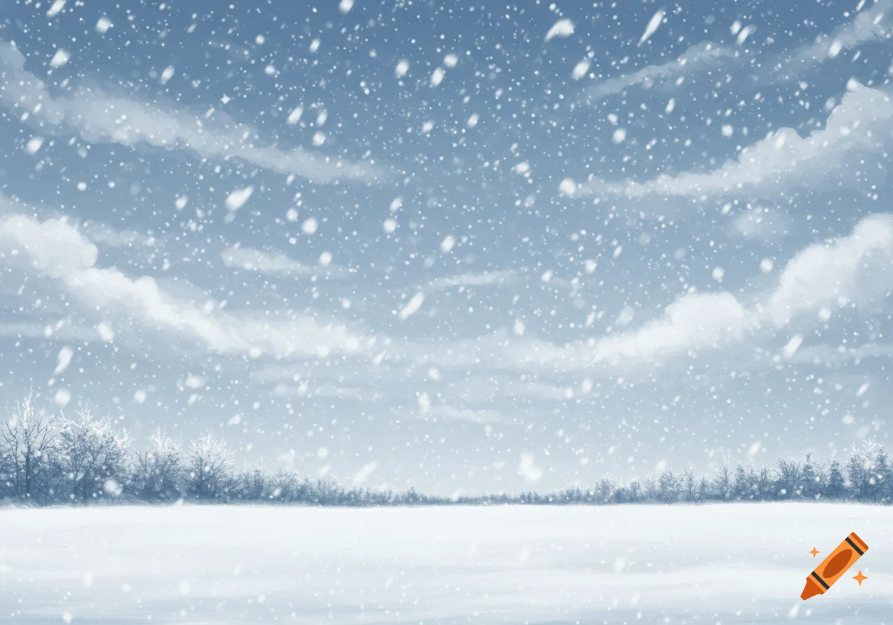A winter landscape with a snowy field, trees, and snow falling from a cloudy sky.