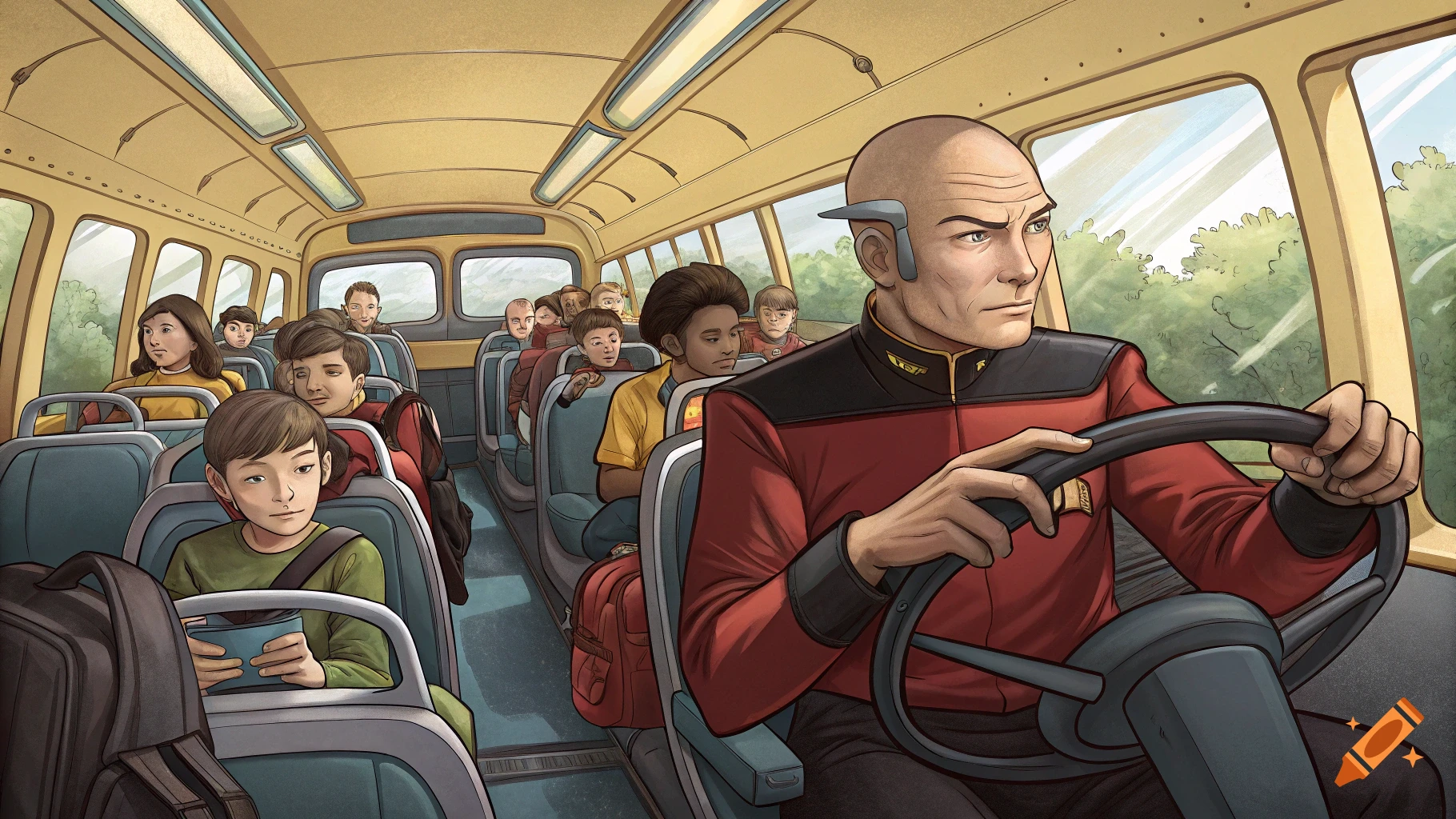 Illustrated scene of a bald man in uniform driving a school bus filled with children.