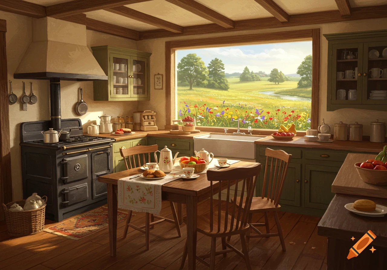 Warm cottage kitchen with tea set and view of a flower field and stream