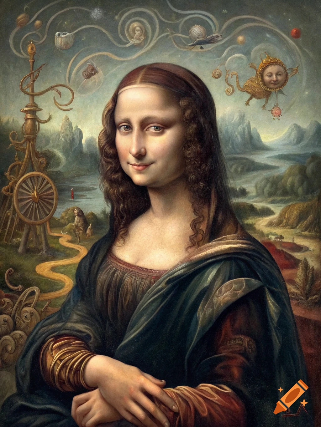 A surreal painting of the Mona Lisa in the style of Hieronymus Bosch, with strange figures and landscapes.
