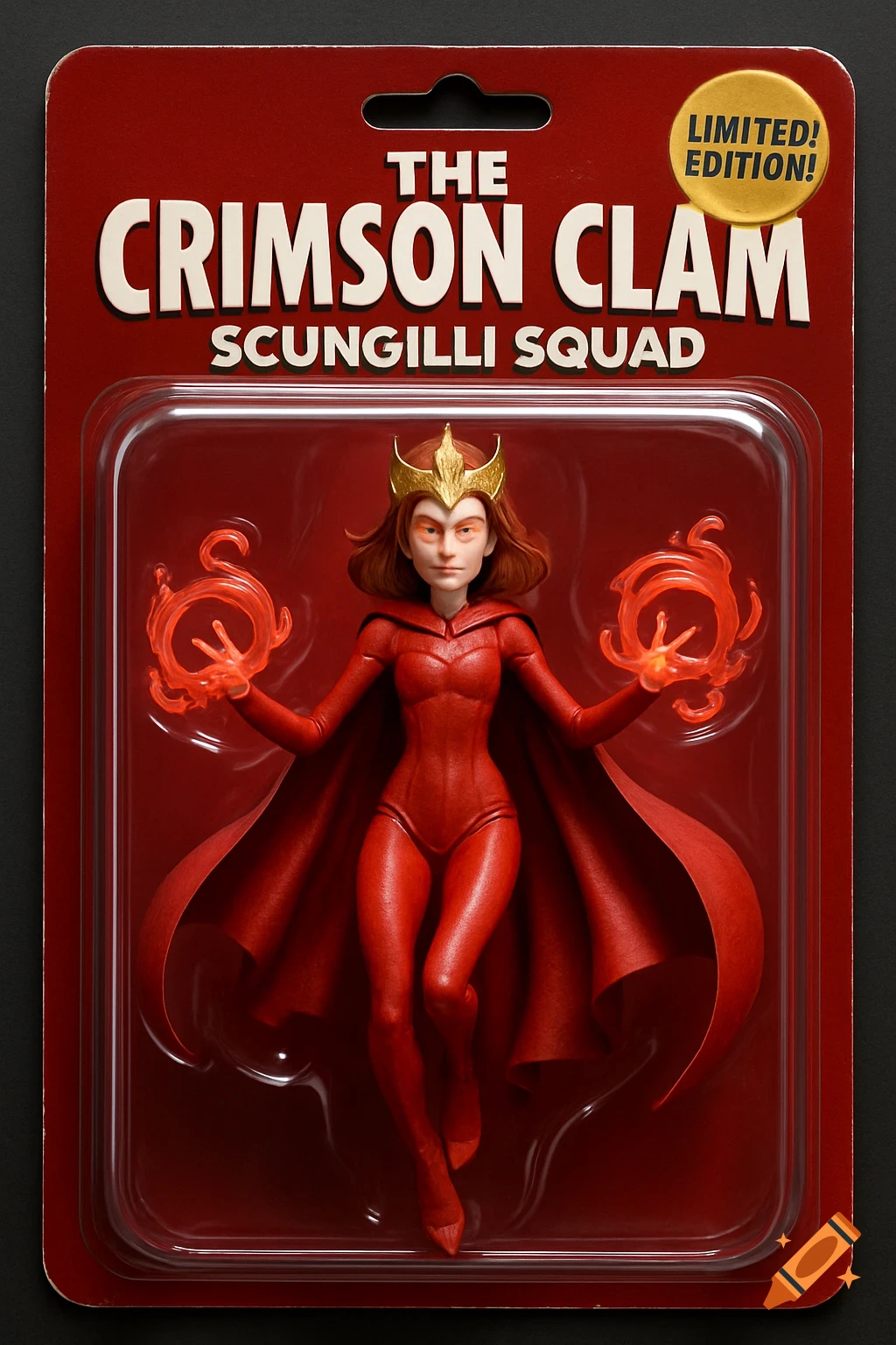 Action figure of a female superhero in red suit and cape, in blister packaging.