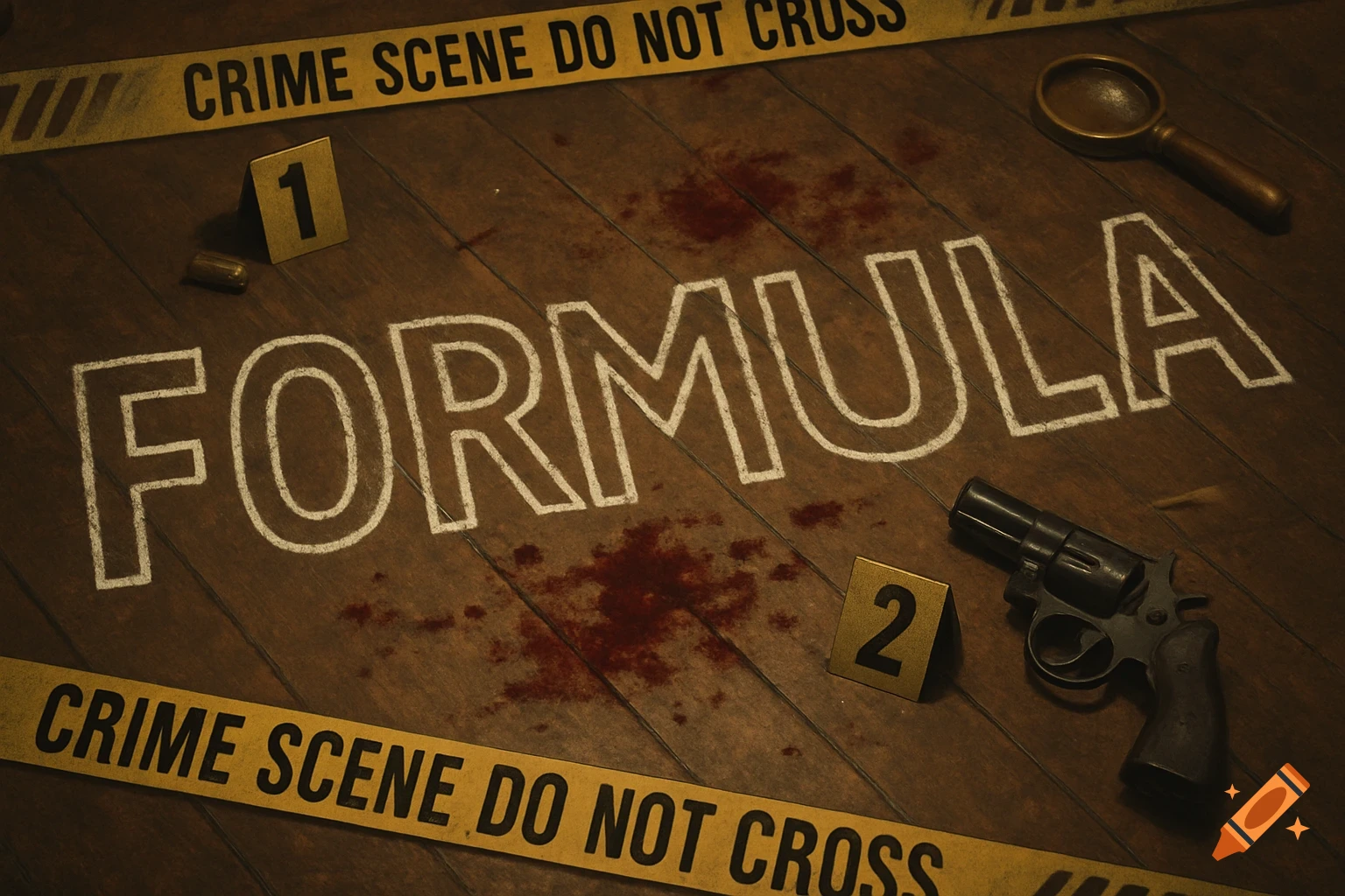Top-down view of a crime scene with the word FORMULA outlined on a wooden floor, surrounded by tape, a gun, bullet, blood, and magnifying glass.