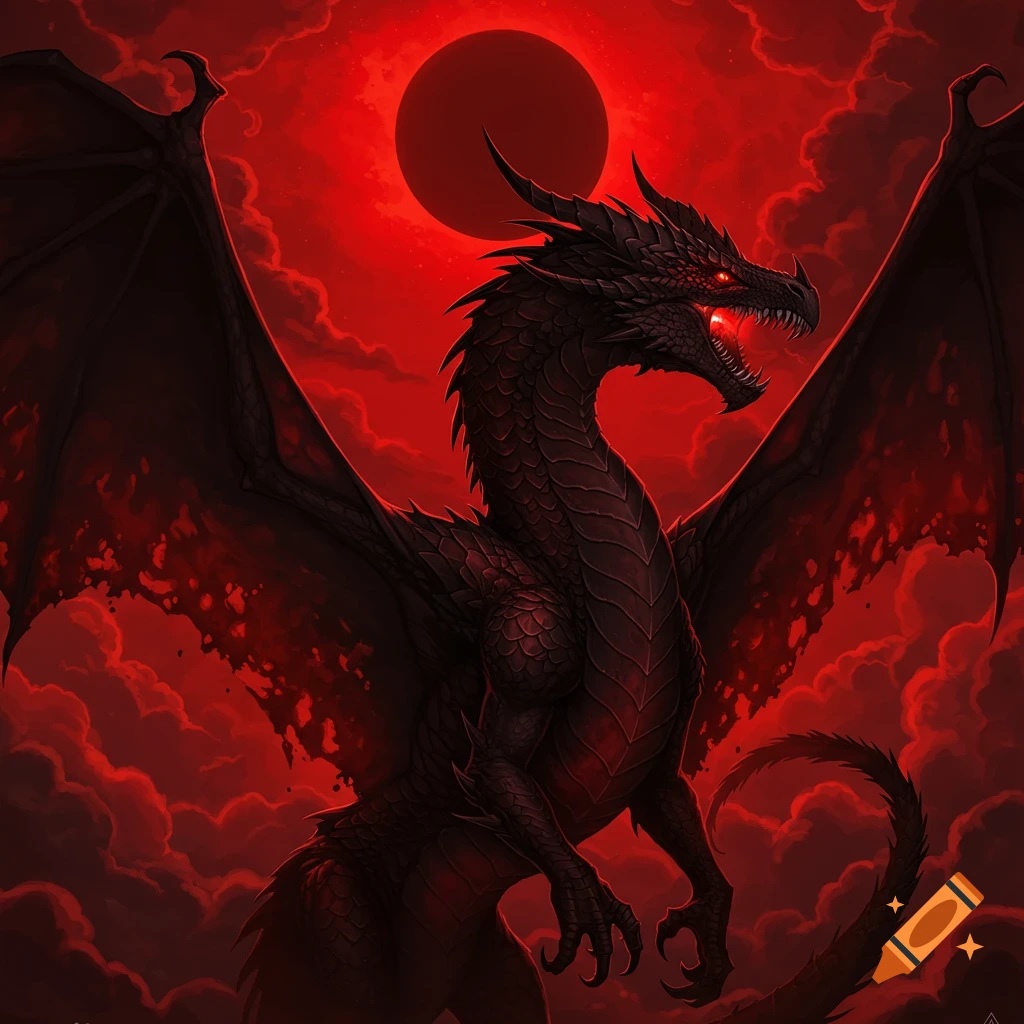 A shadow dragon with red eyes and spread wings is silhouetted against a red eclipsed moon and stormy red clouds.