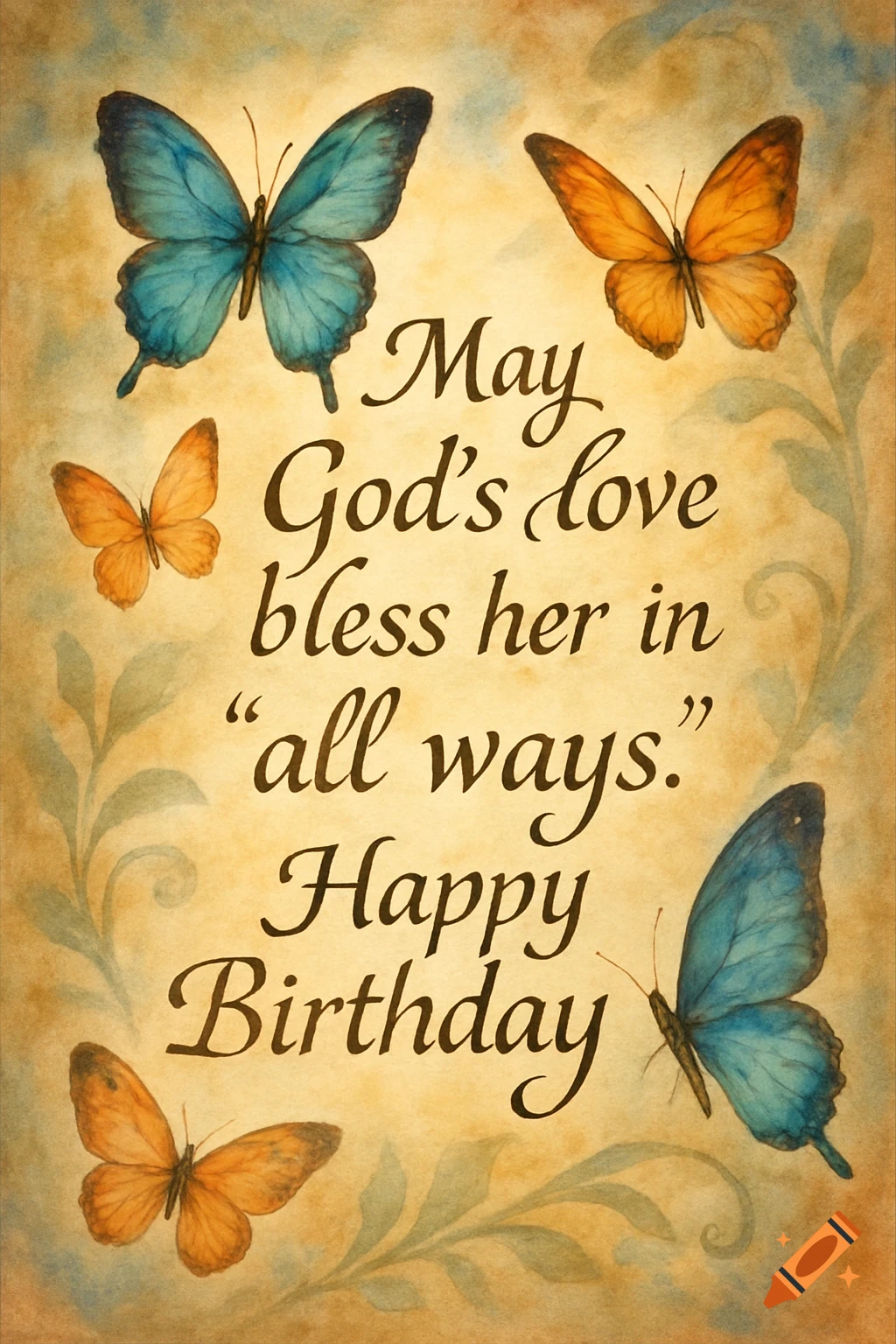 Blue and orange butterflies surrounding a happy birthday blessing.
