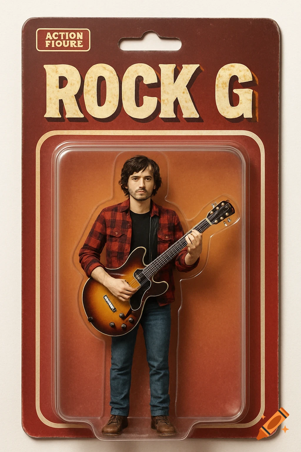 Man dressed as indie rock star in vintage action figure packaging holding guitar, box labelled ROCK G.