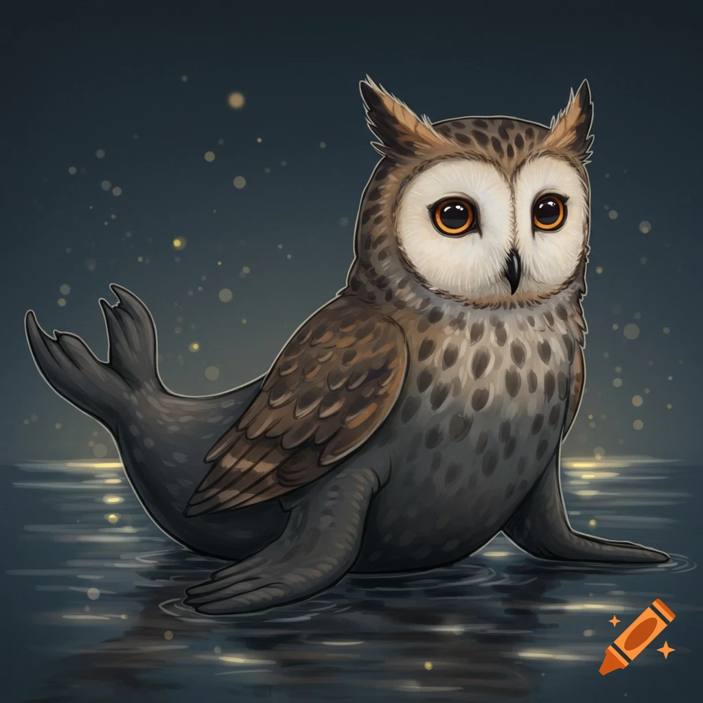 An owl-seal hybrid creature sits in shallow water at night, with sparkling light reflecting.