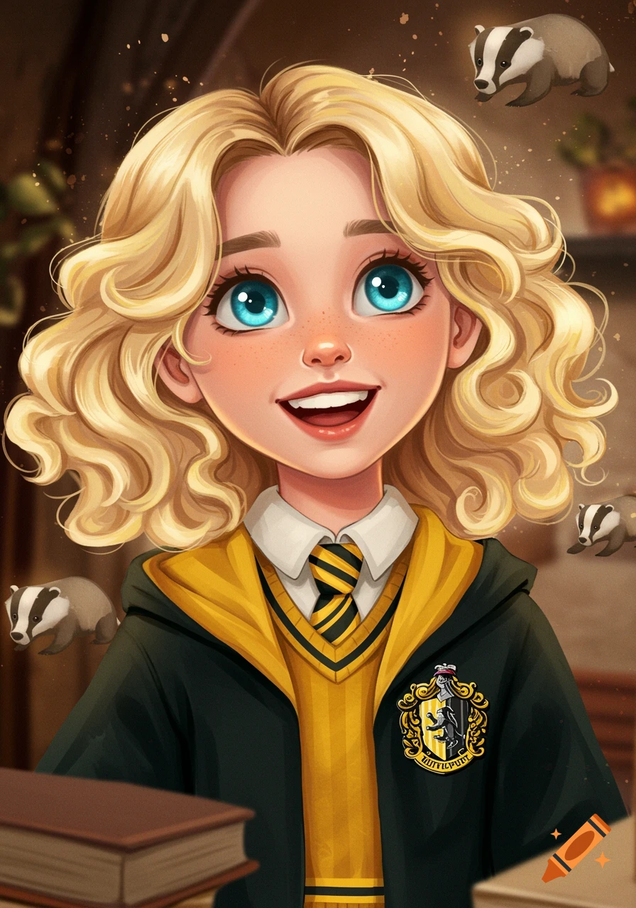 Blonde girl in Hufflepuff uniform with badgers, digital illustration.