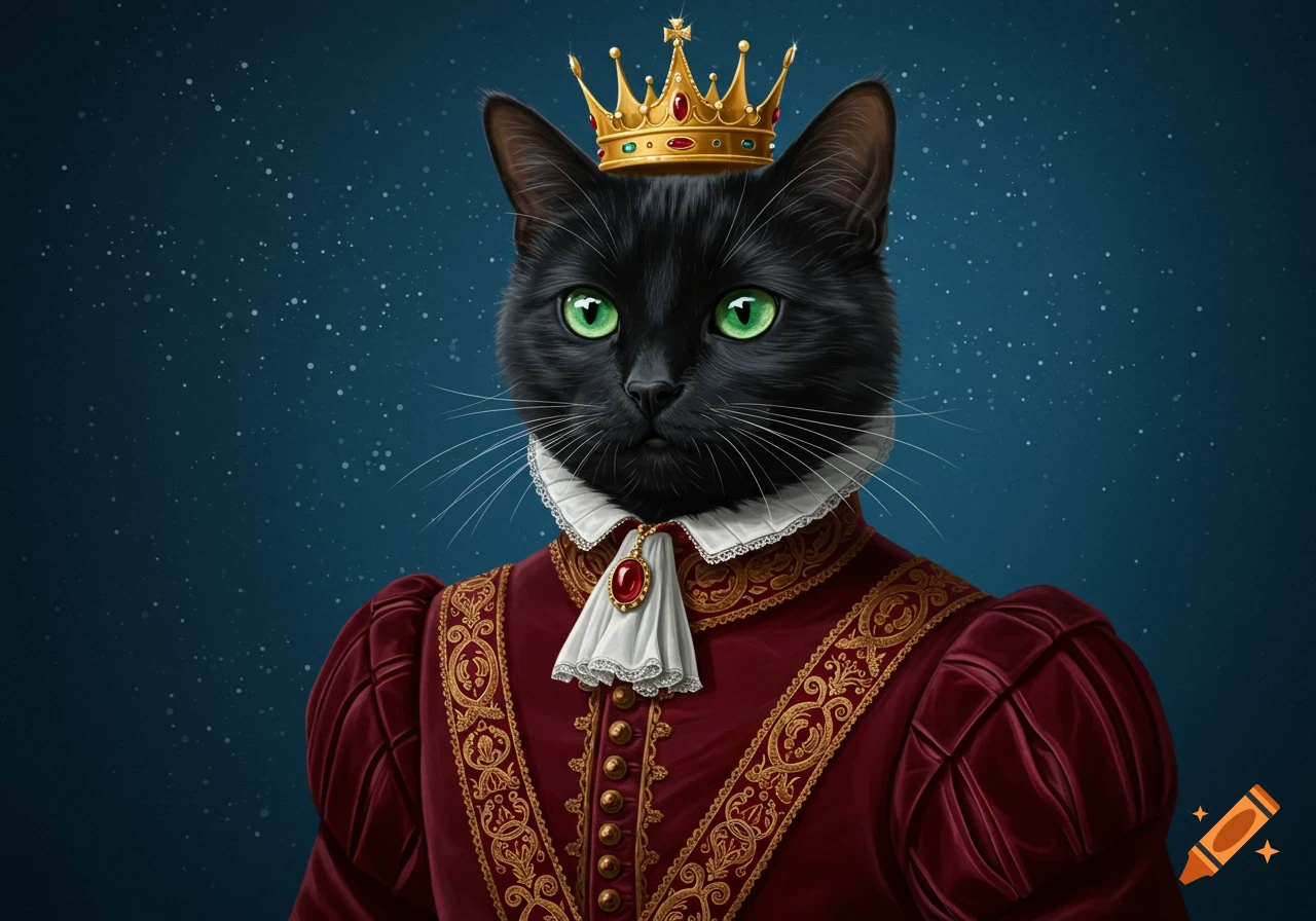 Black cat in royal clothing wearing a crown. Cartoon style character art image, fantasy concept illustration, drawing, sketch art, or 3D render for animation movie or video game art, and story book cover design ideas and inspiration. The scene depicts cute adorable kitten or pet in a funny fairytale setting, wearing a costume and royal jewelry. It is isolated on a background.