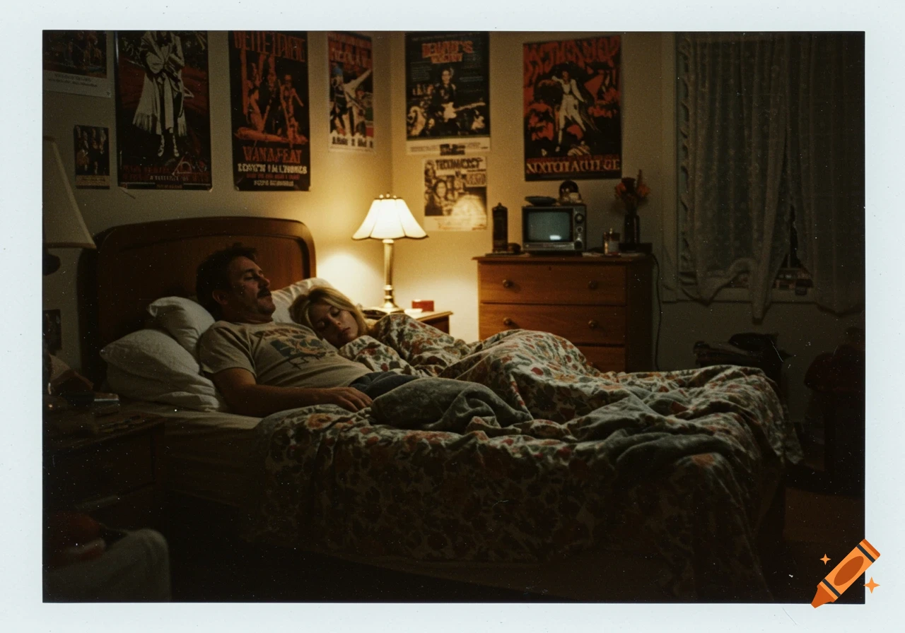 A couple sleeps in a bedroom filled with posters, in a 1990s polaroid photo style.