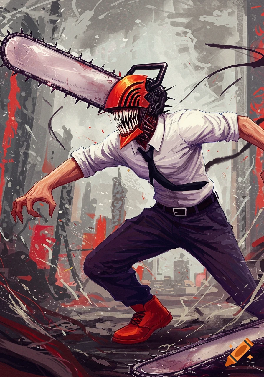 Chainsaw Man in a dynamic pose with a chainsaw head.