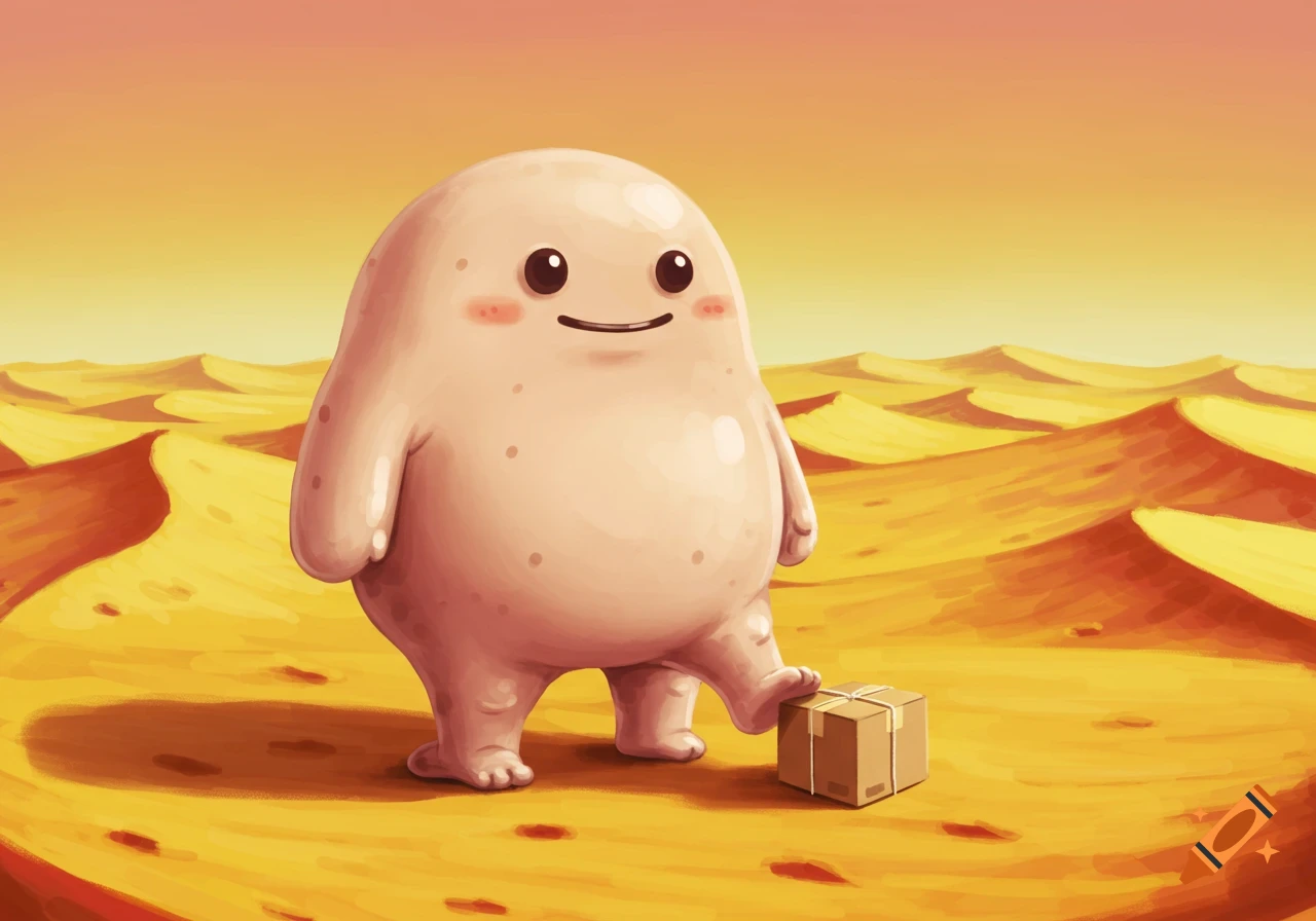 A cartoon blob creature with legs stands in a desert next to a package.