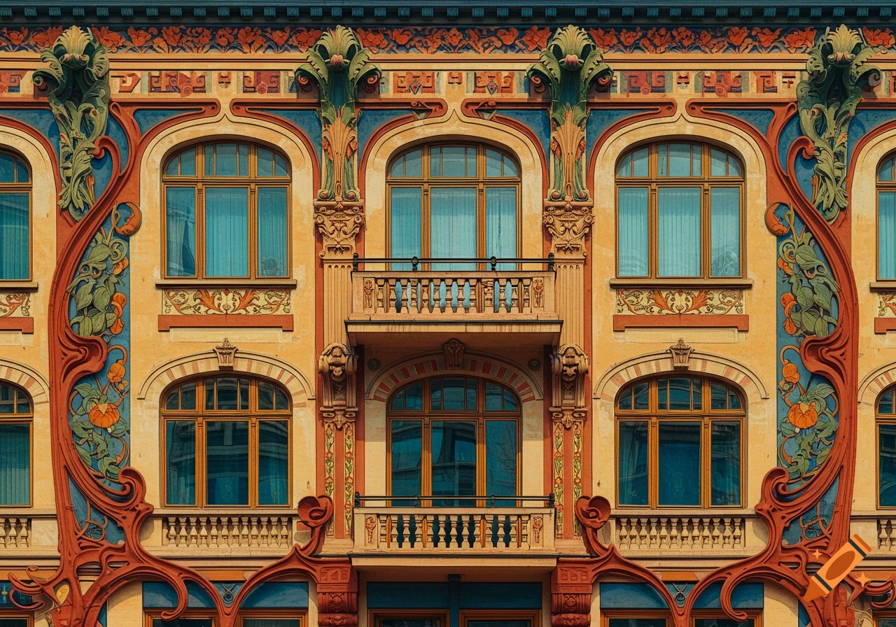 Ornate Art Nouveau building facade with detailed decorations