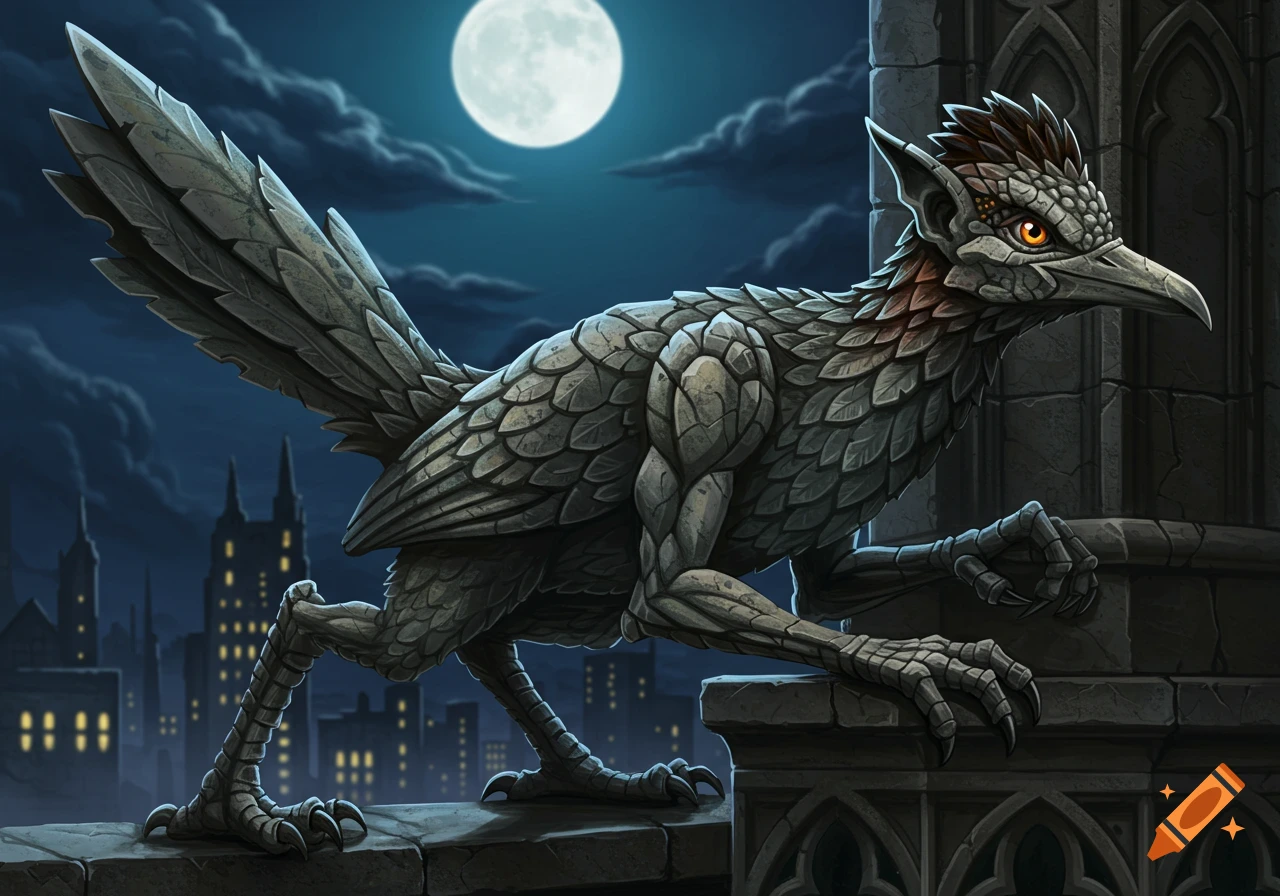 A stone gargoyle creature resembling a roadrunner perches on a building ledge overlooking a city skyline at night under a full moon.