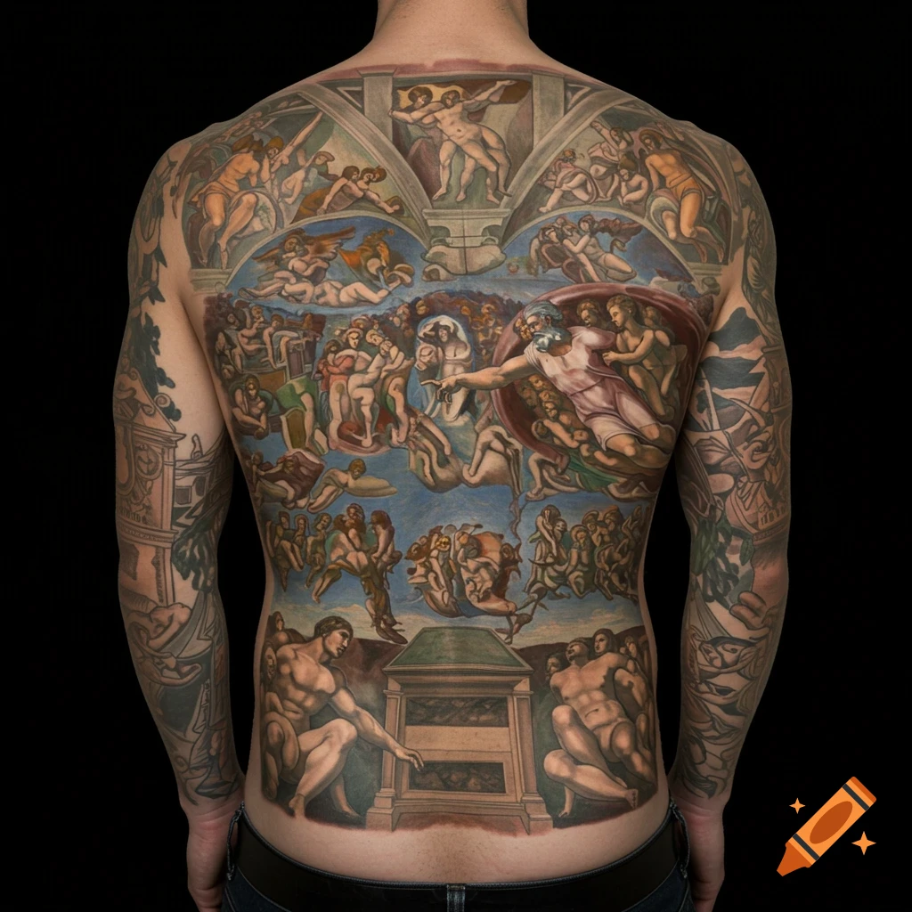 Full back tattoo of Michelangelo's Sistine Chapel ceiling on a man's back.