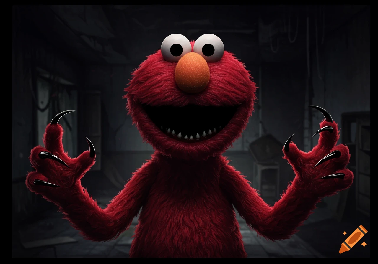 Creepy digital illustration of a dark, twisted Elmo with sharp teeth and claws in a shadowy room.