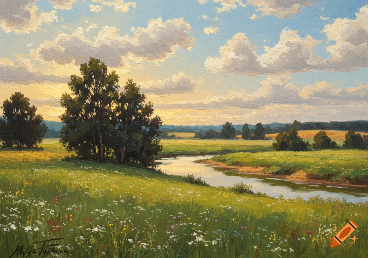 Oil painting of a river winding through a grassy field with trees and wildflowers at sunset under a cloudy sky.