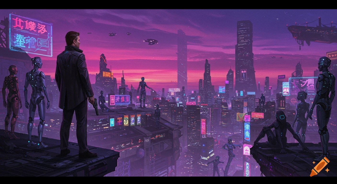 A man and robots overlook a futuristic city at sunset in a cyberpunk style.