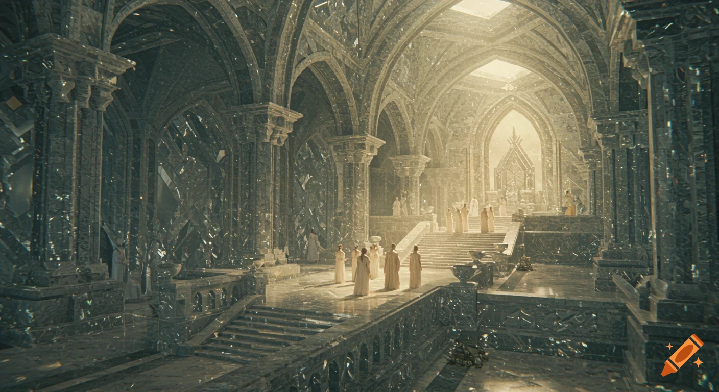 Grand crystal palace interior with arches, stairs, and robed figures, cinematic fantasy scene.