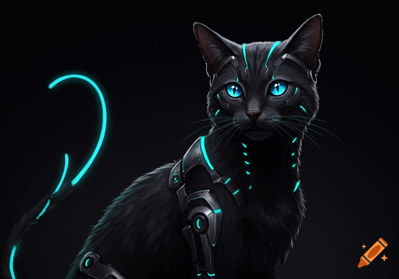 Close-up portrait of a black cat with glowing blue cybernetic implants and eyes against a dark background.