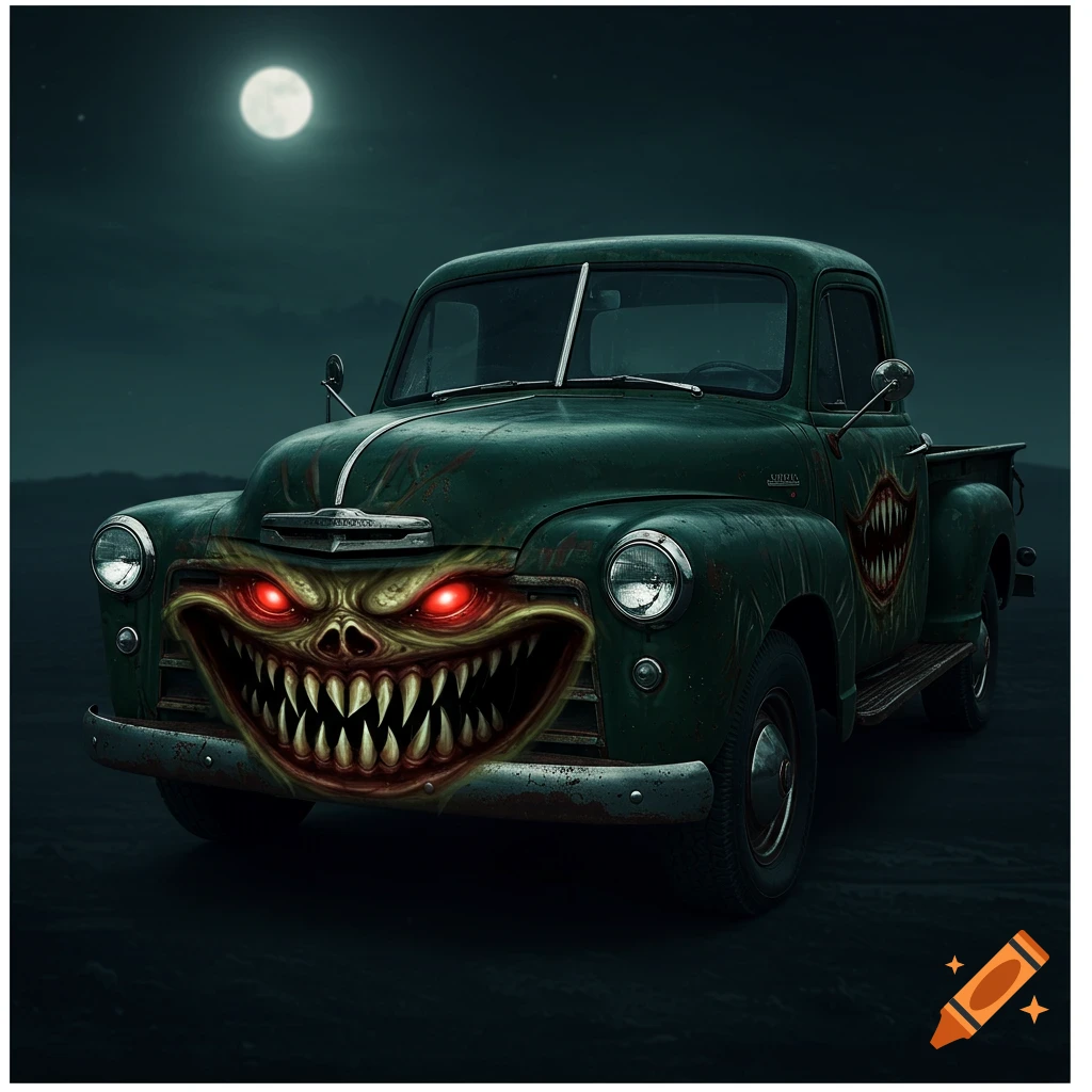 A green pickup truck with a large, monstrous face and glowing red eyes on the front, parked under a full moon at night.