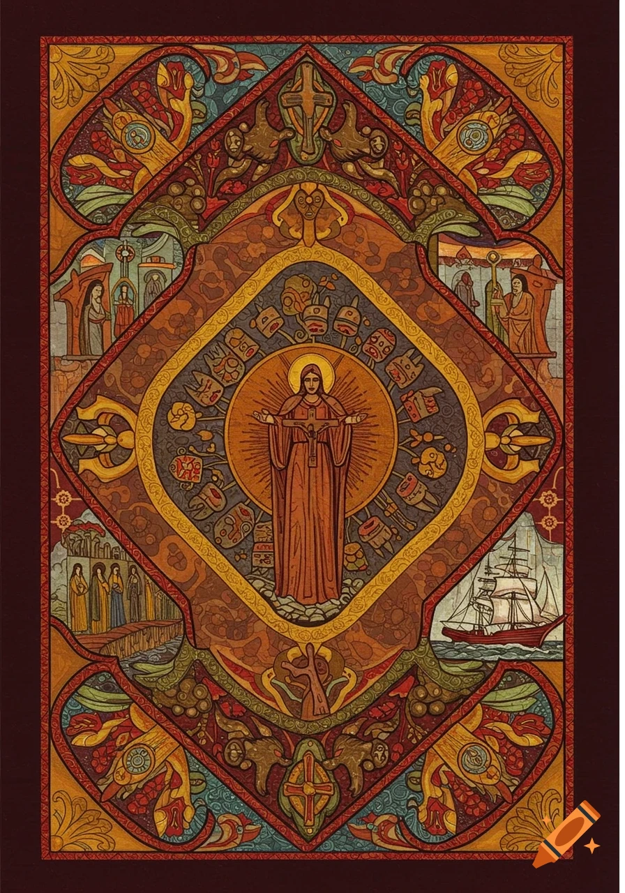 Intricate religious art panel with central figure, symbols, and scenes in a folk art style.