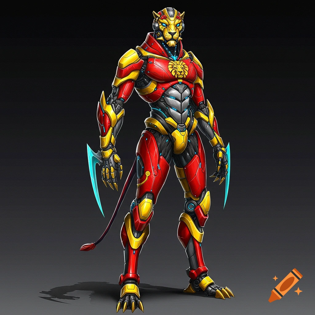 A red and yellow futuristic humanoid robot with lion features and bladed arms stands against a dark background.