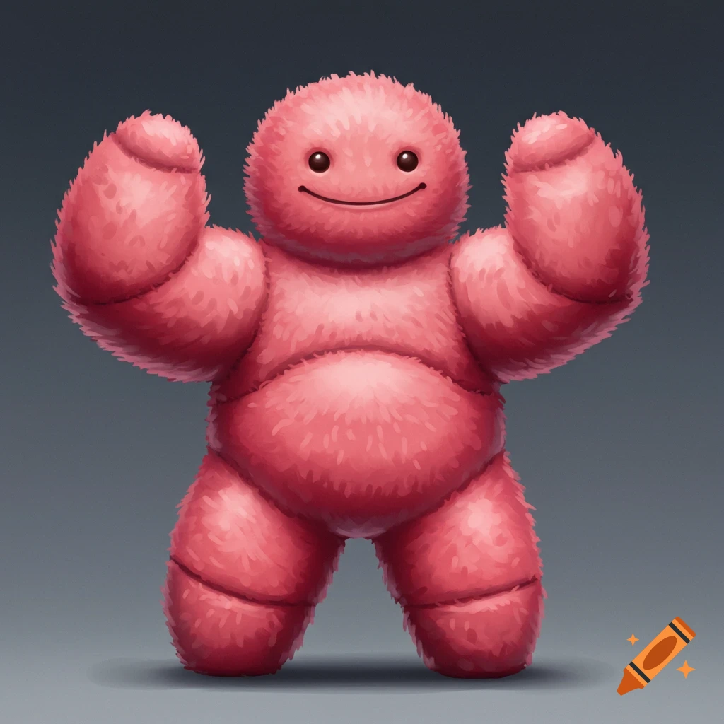 A cheerful pink fluffy creature with arms raised.