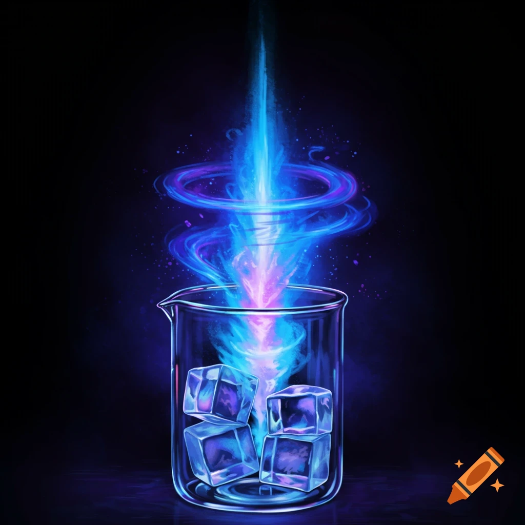 Ice cubes in a beaker with a glowing blue and purple energy beam