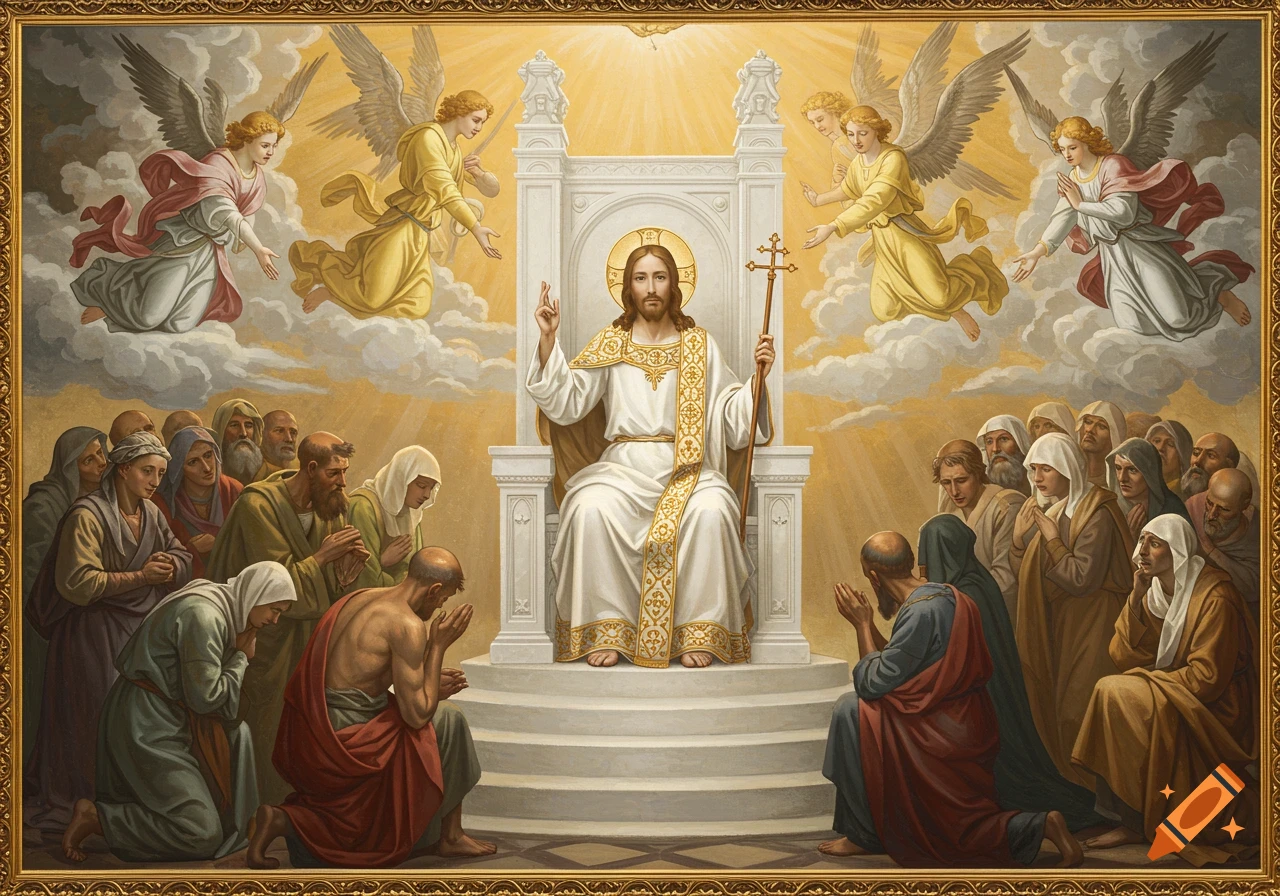 Painting of Christ on a throne surrounded by angels and kneeling people.