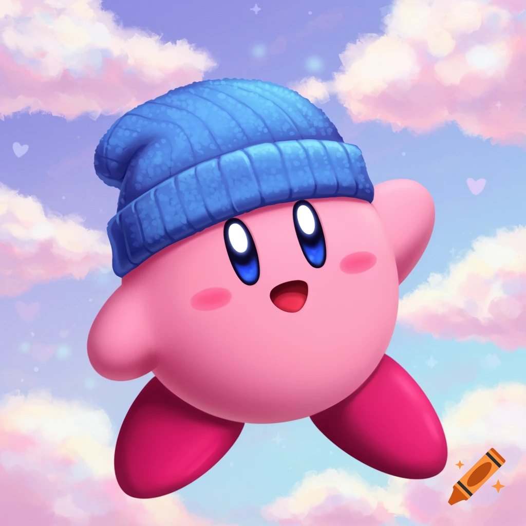 Kirby wearing a blue beanie floats in a pastel sky with clouds.
