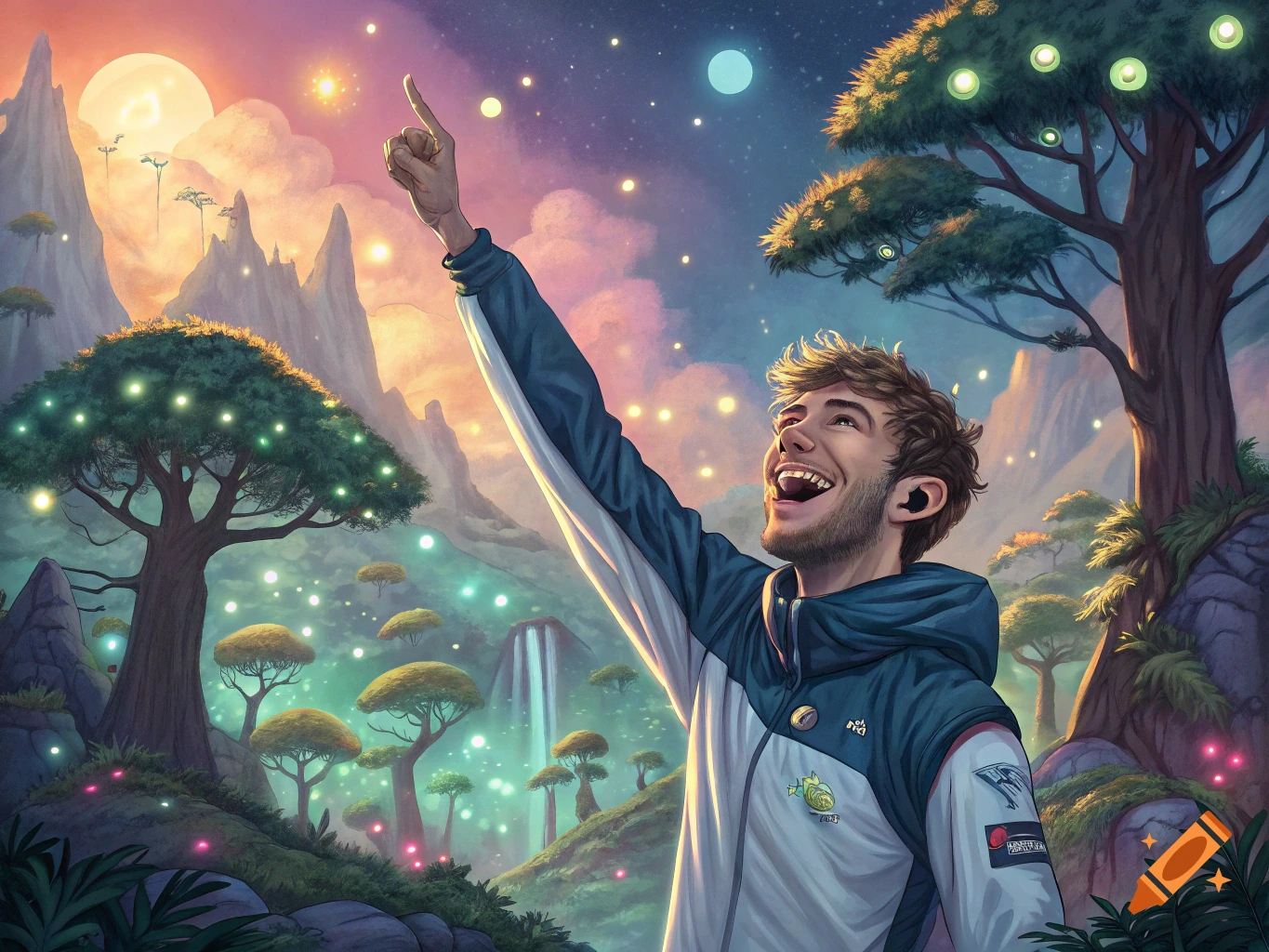 An illustration of a man pointing up at the sky in a fantastical ...