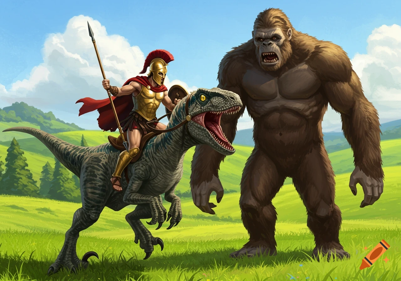 Spartan warrior riding velociraptor fighting Bigfoot on Craiyon