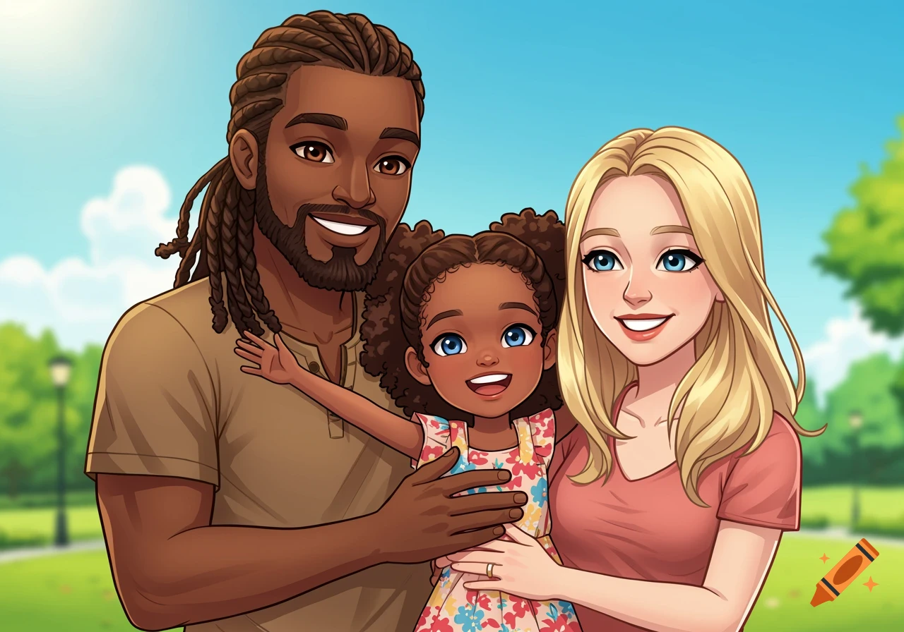 Cartoon family of a black father, white mother, and young mixed-race  daughter smiling outdoors. on Craiyon, image size:1280x896