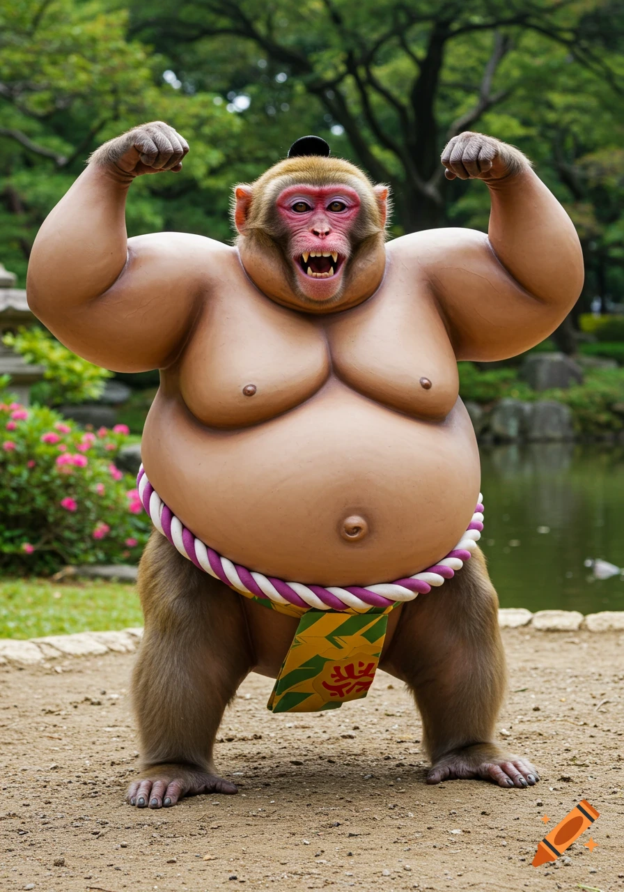 Photorealistic image of a monkey with a large, muscular body, wearing a sumo belt and flexing its arms in a park.