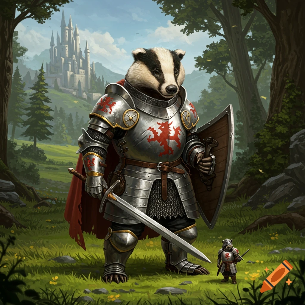A large badger knight in armor stands in a forest with a small badger knight and castle