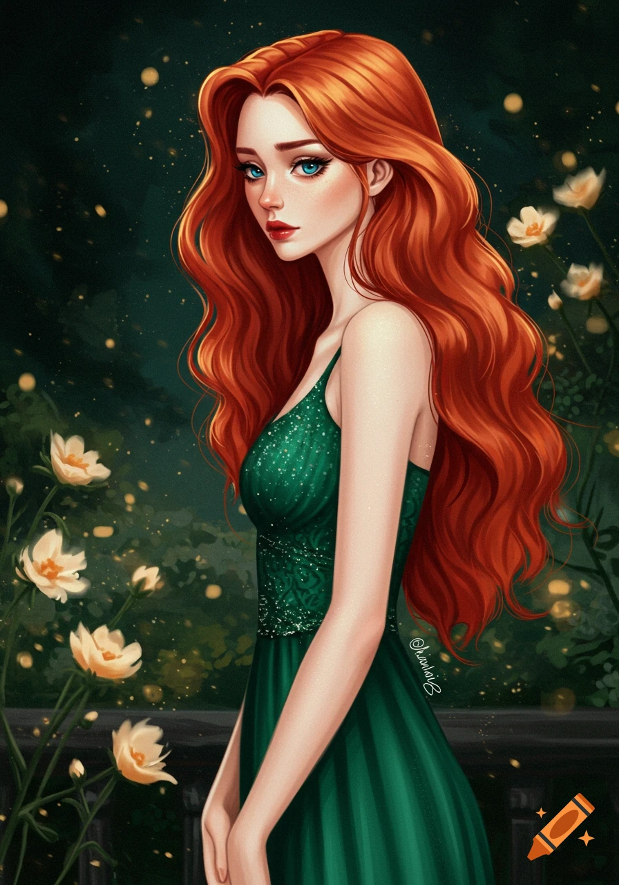 A woman with long red hair and a green dress in a garden.