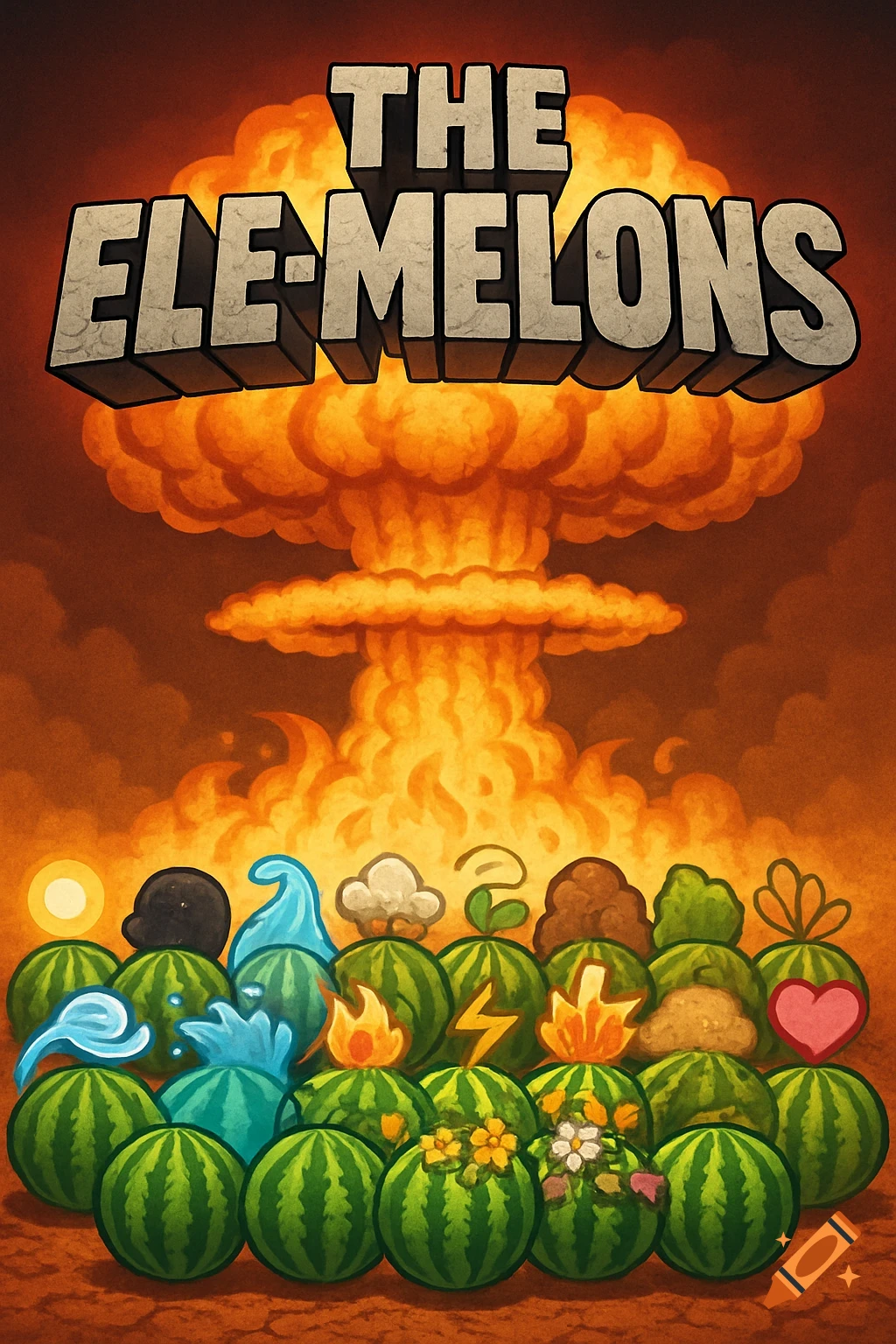 Cartoon cover art featuring a nuclear explosion behind elemental watermelons with the title 'THE ELE-MELONS'.